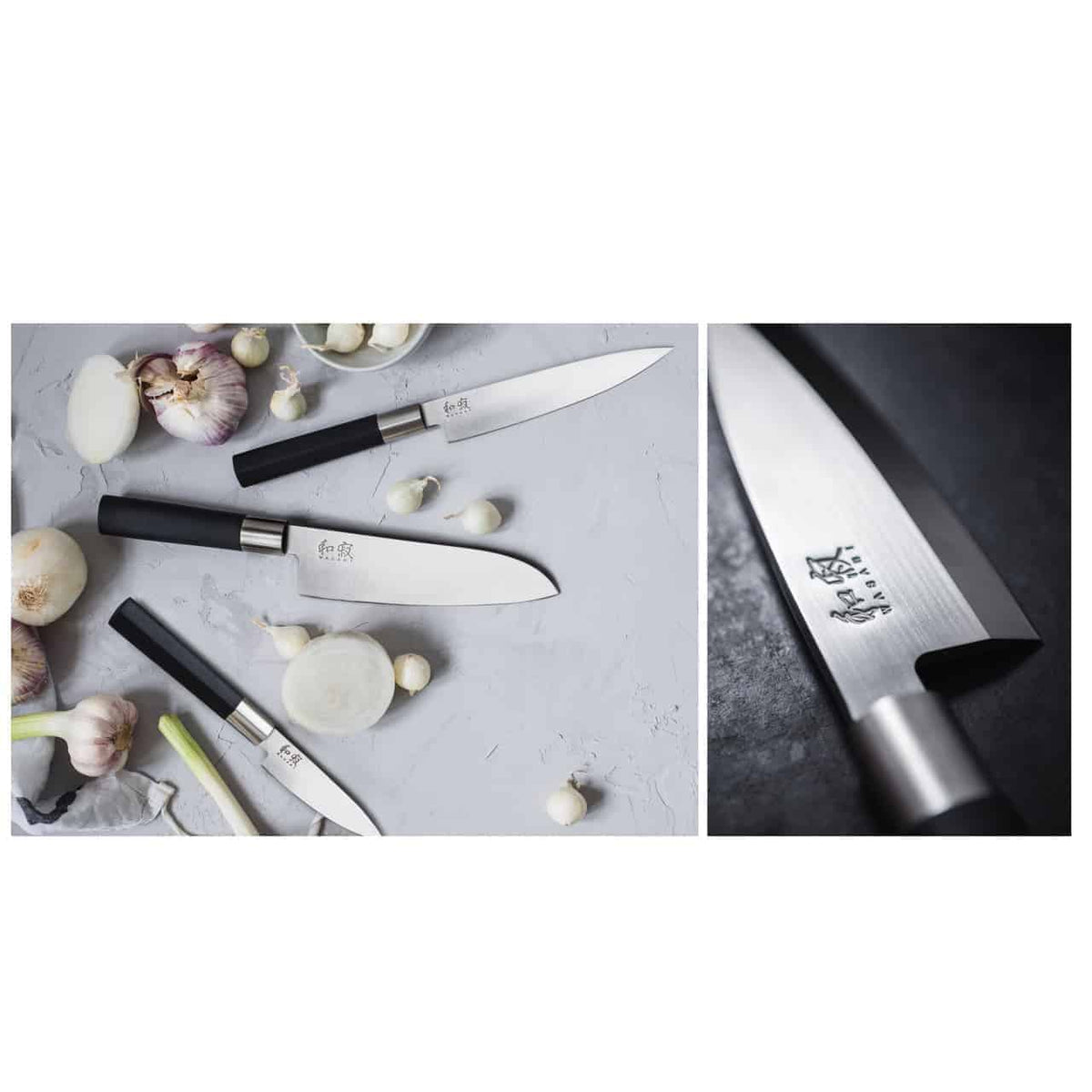 Das Kai Wasabi Black Messerset umfasst ein 20 cm langes Kochmesser, ein 15 cm langes Allzweckmesser und ein 10 cm langes Schälmesser, alle mit schwarzen Griffen und japanischen Inschriften auf den Klingen. Die Messer werden auf einer grauen Oberfläche mit Knoblauchknollen und -zehen präsentiert. Das Bild ist geteilt; die rechte Seite zeigt eine Nahaufnahme der Klinge eines Messers vor dem mitgelieferten Schneidebrett aus Fassholz, 25 x 15 cm groß.
