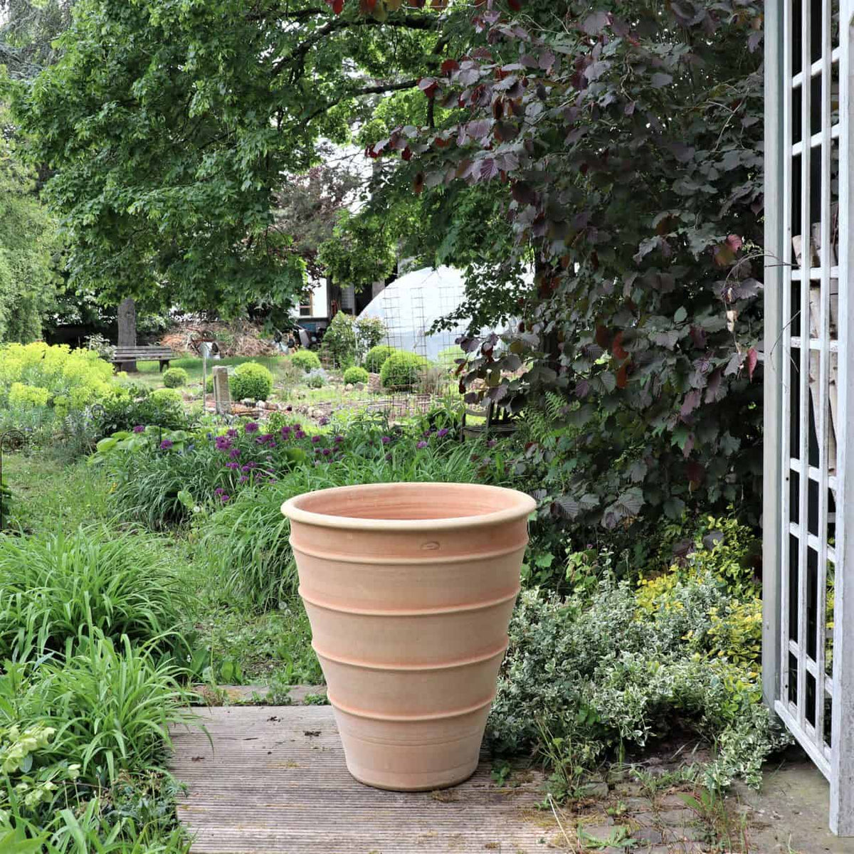 Ein großer Blumenkübel „Yucca“ aus Terrakotta mit einer Höhe von 80 cm ziert ein Holzdeck in einem üppigen Garten. Um den Topf herum stehen verschiedene Grünpflanzen, darunter Sträucher und Bäume. Im Hintergrund sind ein Gewächshaus und weitere Grünpflanzen zu sehen, die für eine friedliche, ländliche Atmosphäre sorgen.